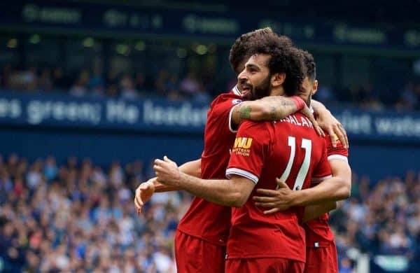 WEST BROMWICH, ENGLAND - Saturday, April 21, 2018: Liverpool's Mohamed Salah celebrates scoring the second goal during the FA Premier League match between West Bromwich Albion FC and Liverpool FC at the Hawthorns. (Pic by David Rawcliffe/Propaganda)