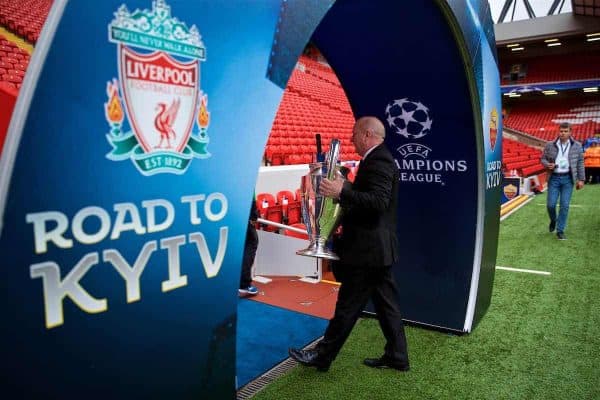 LIVERPOOL, ENGLAND - Tuesday, April 24, 2018: A Liverpool employee carries the European Cup trophy before before the UEFA Champions League Semi-Final 1st Leg match between Liverpool FC and AS Roma at Anfield. (Pic by David Rawcliffe/Propaganda)