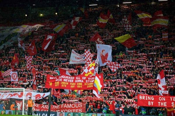 LIVERPOOL, ENGLAND - Tuesday, April 24, 2018: Liverpool supporters on the Spion Kop during the UEFA Champions League Semi-Final 1st Leg match between Liverpool FC and AS Roma at Anfield. (Pic by David Rawcliffe/Propaganda)