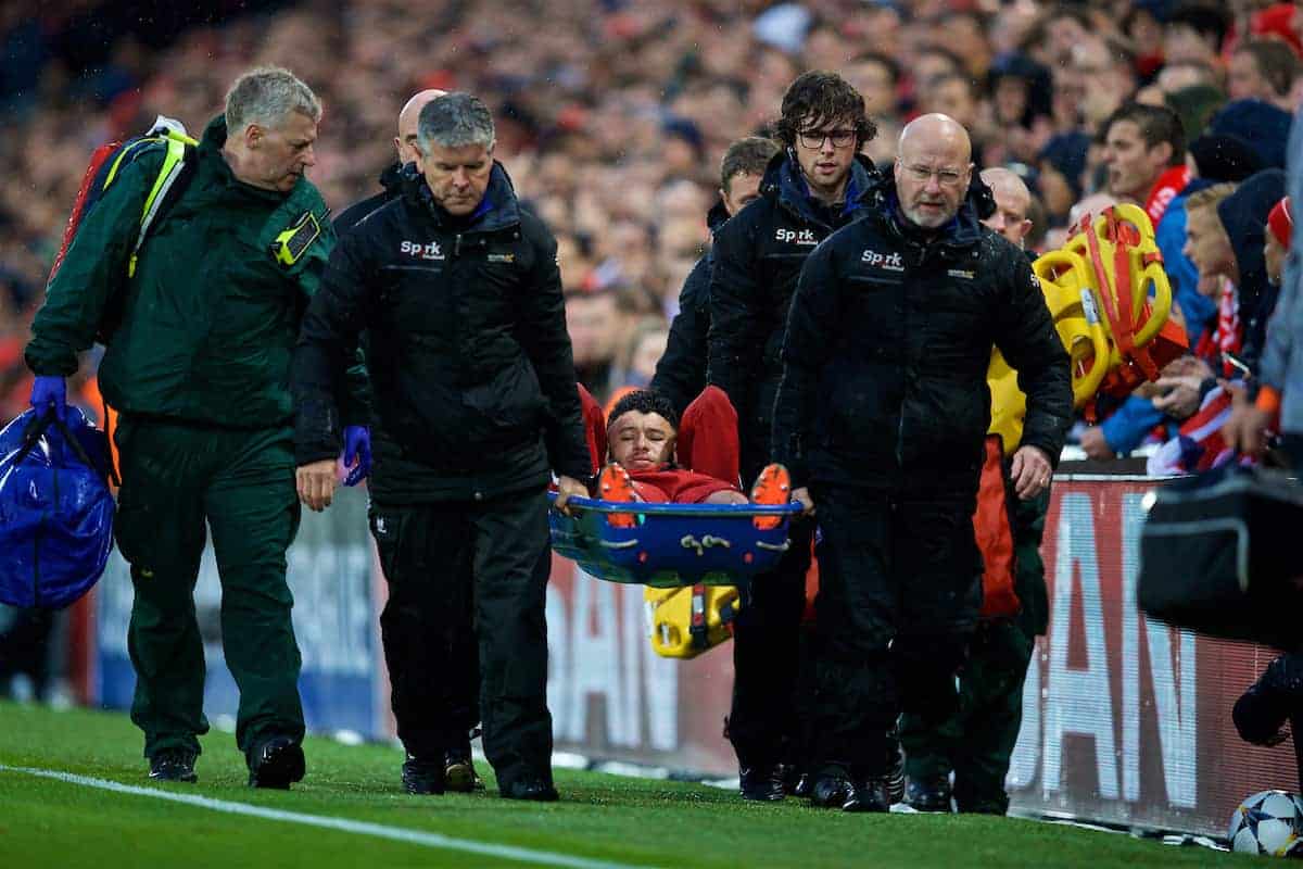 LIVERPOOL, ENGLAND - Tuesday, April 24, 2018: Liverpool's Alex Oxlade-Chamberlain is carried off injured during the UEFA Champions League Semi-Final 1st Leg match between Liverpool FC and AS Roma at Anfield. (Pic by David Rawcliffe/Propaganda)