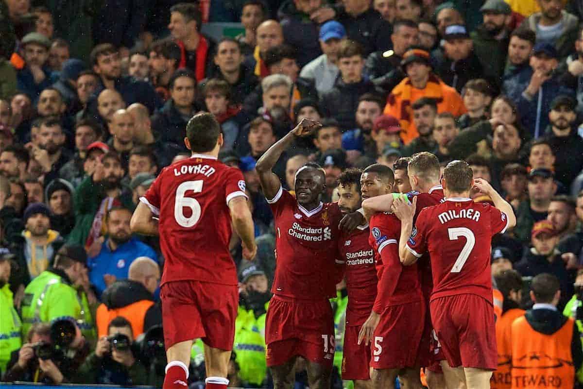 LIVERPOOL, ENGLAND - Tuesday, April 24, 2018: Liverpool's Mohamed Salah celebrates scoring the second goal during the UEFA Champions League Semi-Final 1st Leg match between Liverpool FC and AS Roma at Anfield. (Pic by David Rawcliffe/Propaganda)