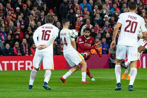 LIVERPOOL, ENGLAND - Tuesday, April 24, 2018: Liverpool's Mohamed Salah scores the first goal during the UEFA Champions League Semi-Final 1st Leg match between Liverpool FC and AS Roma at Anfield. (Pic by Carlo Baroncini/Propaganda)