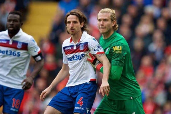 LIVERPOOL, ENGLAND - Saturday, April 28, 2018: Liverpool's goalkeeper Loris Karius and Stoke City's Joe Allen during the FA Premier League match between Liverpool FC and Stoke City FC at Anfield. (Pic by David Rawcliffe/Propaganda)