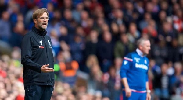 LIVERPOOL, ENGLAND - Saturday, April 28, 2018: Liverpool's manager J¸rgen Klopp during the FA Premier League match between Liverpool FC and Stoke City FC at Anfield. (Pic by David Rawcliffe/Propaganda)