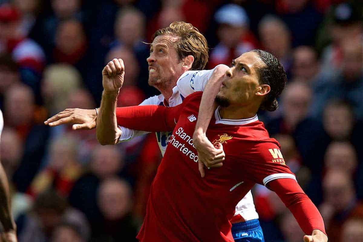 LIVERPOOL, ENGLAND - Saturday, April 28, 2018: Liverpool's Virgil van Dijk and Stoke City's Peter Crouch during the FA Premier League match between Liverpool FC and Stoke City FC at Anfield. (Pic by David Rawcliffe/Propaganda)