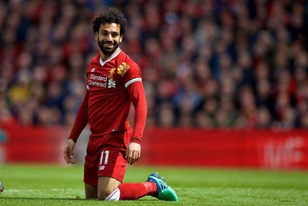 LIVERPOOL, ENGLAND - Saturday, April 28, 2018: Liverpool's Mohamed Salah during the FA Premier League match between Liverpool FC and Stoke City FC at Anfield. (Pic by David Rawcliffe/Propaganda)