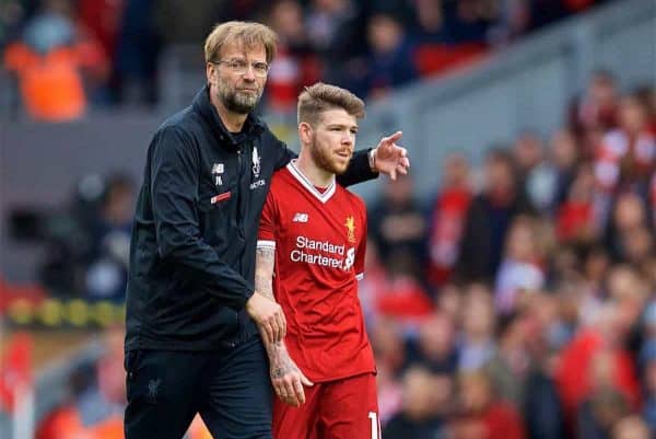 LIVERPOOL, ENGLAND - Saturday, April 28, 2018: Liverpool's manager Jürgen Klopp and Alberto Moreno after the goal-less draw against Stoke City during the FA Premier League match between Liverpool FC and Stoke City FC at Anfield. (Pic by David Rawcliffe/Propaganda)