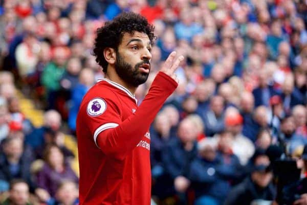 LIVERPOOL, ENGLAND - Saturday, April 28, 2018: Liverpool's Mohamed Salah during the FA Premier League match between Liverpool FC and Stoke City FC at Anfield. (Pic by David Rawcliffe/Propaganda)