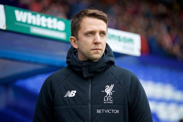 BIRKENHEAD, ENGLAND - Sunday, April 29, 2018: Liverpool's manager Scott Rogers during the FA Women's Super League 1 match between Liverpool FC Ladies and Everton FC Ladies at Prenton Park. (Pic by David Rawcliffe/Propaganda)