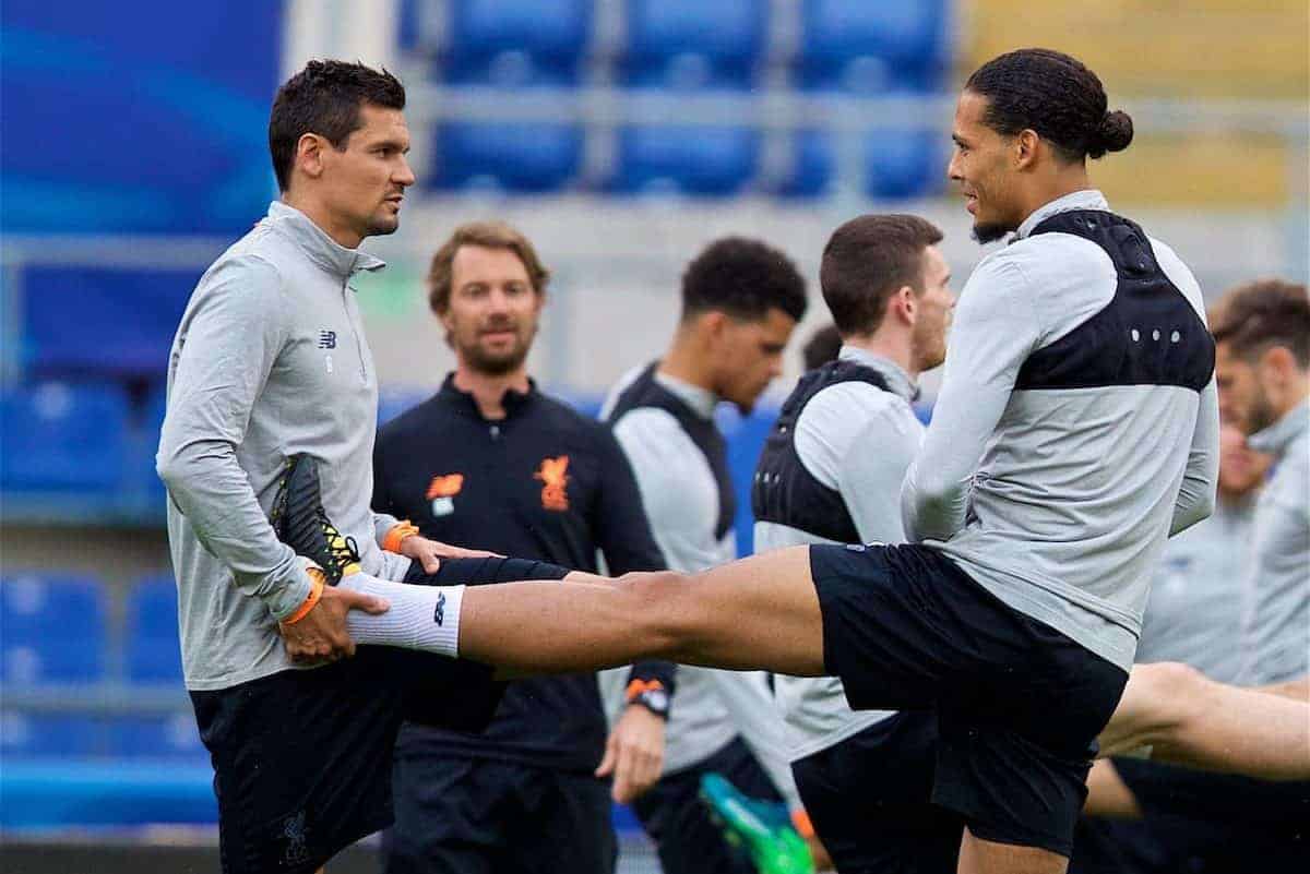 ROME, ITALY - Tuesday, May 1, 2018: Liverpool's Dejan Lovren (left) and Virgil van Dijk (right) during a training session at the Stadio Olimpico ahead of the UEFA Champions League Semi-Final 2nd Leg match between AS Roma and Liverpool FC. Liverpool lead 5-2 from the 1st Leg. (Pic by David Rawcliffe/Propaganda)