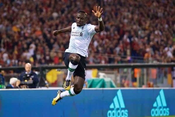 ROME, ITALY - Wednesday, May 2, 2018: Liverpool's Sadio Manes celebrates scoring the first goal during the UEFA Champions League Semi-Final 2nd Leg match between AS Roma and Liverpool FC at the Stadio Olimpico. (Pic by David Rawcliffe/Propaganda)