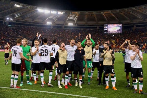 ROME, ITALY - Wednesday, May 2, 2018: Liverpool players celebrate after the 7-6 aggregate victory over AS Roma during the UEFA Champions League Semi-Final 2nd Leg match between AS Roma and Liverpool FC at the Stadio Olimpico. (Pic by David Rawcliffe/Propaganda)