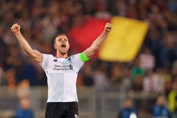 ROME, ITALY - Wednesday, May 2, 2018: Liverpool's captain Jordan Henderson celebrates after the 7-6 aggregate victory over AS Roma during the UEFA Champions League Semi-Final 2nd Leg match between AS Roma and Liverpool FC at the Stadio Olimpico. (Pic by David Rawcliffe/Propaganda)