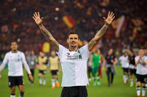 ROME, ITALY - Wednesday, May 2, 2018: Liverpool's Dejan Lovren celebrates after the 7-6 aggregate victory over AS Roma during the UEFA Champions League Semi-Final 2nd Leg match between AS Roma and Liverpool FC at the Stadio Olimpico. (Pic by David Rawcliffe/Propaganda)