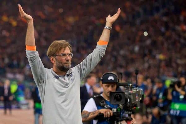 ROME, ITALY - Wednesday, May 2, 2018: Liverpool's manager Jürgen Klopp celebrates after the 7-6 aggregate victory over AS Roma during the UEFA Champions League Semi-Final 2nd Leg match between AS Roma and Liverpool FC at the Stadio Olimpico. (Pic by David Rawcliffe/Propaganda)