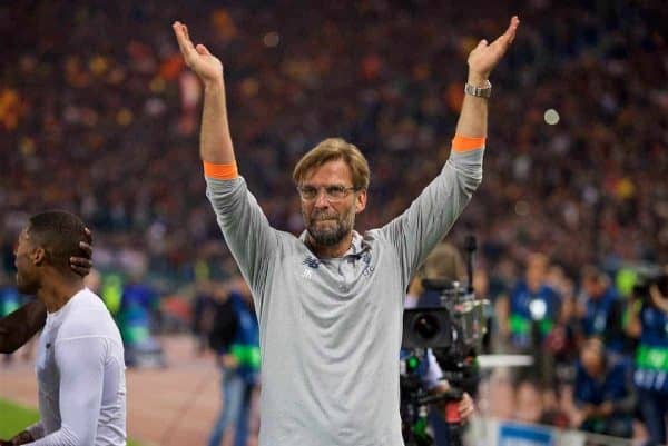 ROME, ITALY - Wednesday, May 2, 2018: Liverpool's manager Jürgen Klopp celebrates after the 7-6 aggregate victory over AS Roma during the UEFA Champions League Semi-Final 2nd Leg match between AS Roma and Liverpool FC at the Stadio Olimpico. (Pic by David Rawcliffe/Propaganda)