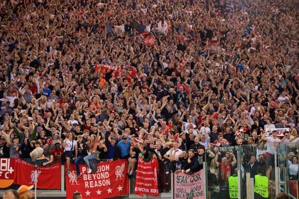 ROME, ITALY - Wednesday, May 2, 2018: Liverpool supporters they celebrate after the 7-6 aggregate victory over AS Roma during the UEFA Champions League Semi-Final 2nd Leg match between AS Roma and Liverpool FC at the Stadio Olimpico. (Pic by David Rawcliffe/Propaganda)