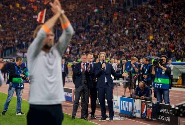 ROME, ITALY - Wednesday, May 2, 2018: Former Liverpool players Jamie Carragher and Jon Arne Risse watch as Jürgen Klopp celebrates after the 7-6 aggregate victory over AS Roma during the UEFA Champions League Semi-Final 2nd Leg match between AS Roma and Liverpool FC at the Stadio Olimpico. (Pic by David Rawcliffe/Propaganda)