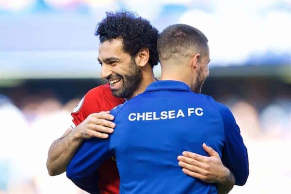 LONDON, ENGLAND - Sunday, May 6, 2018: Liverpool's Mohamed Salah embraces former team-mate Chelsea's Eden Hazard before the FA Premier League match between Chelsea FC and Liverpool FC at Stamford Bridge. (Pic by David Rawcliffe/Propaganda)