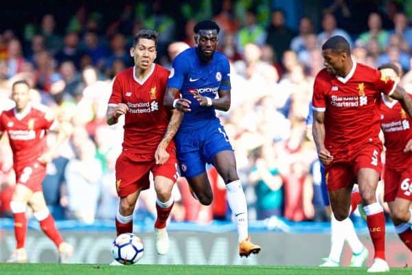 LONDON, ENGLAND - Sunday, May 6, 2018: Liverpool's Roberto Firmino and Chelsea's Tiémoué Bakayoko during the FA Premier League match between Chelsea FC and Liverpool FC at Stamford Bridge. (Pic by David Rawcliffe/Propaganda)