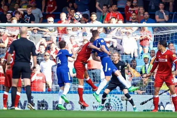 LONDON, ENGLAND - Sunday, May 6, 2018: Chelsea's Olivier Giroud scores the first goal during the FA Premier League match between Chelsea FC and Liverpool FC at Stamford Bridge. (Pic by David Rawcliffe/Propaganda)