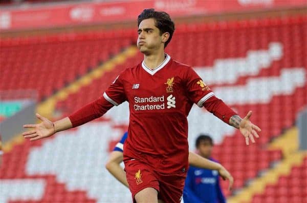 LIVERPOOL, ENGLAND - Tuesday, May 8, 2018: Liverpool's Yan Dhanda celebrates scoring the third goal, from a penalty kick, during the Under-23 FA Premier League 2 Division 1 match between Liverpool FC and Chelsea FC at Anfield. (Pic by David Rawcliffe/Propaganda)