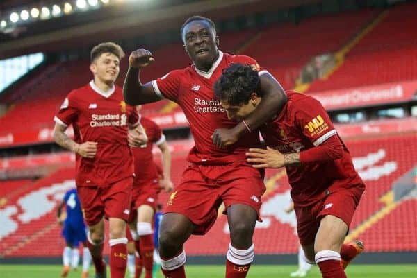 LIVERPOOL, ENGLAND - Tuesday, May 8, 2018: Liverpool's Yan Dhanda celebrates scoring the third goal, from a penalty kick, with team-mate Bobby Adekanye during the Under-23 FA Premier League 2 Division 1 match between Liverpool FC and Chelsea FC at Anfield. (Pic by David Rawcliffe/Propaganda)