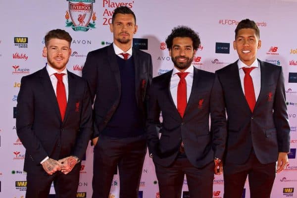 LIVERPOOL, ENGLAND - Thursday, May 10, 2018: Liverpool's Alberto Moreno, Dejan Lovren, Mohamed Salah and Roberto Firmino arrive on the red carpet for the Liverpool FC Players' Awards 2018 at Anfield. (Pic by David Rawcliffe/Propaganda)