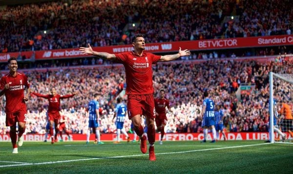 LIVERPOOL, ENGLAND - Sunday, May 13, 2018: Liverpool's Dejan Lovren celebrates scoring the second goal during the FA Premier League match between Liverpool FC and Brighton & Hove Albion FC at Anfield. (Pic by David Rawcliffe/Propaganda)