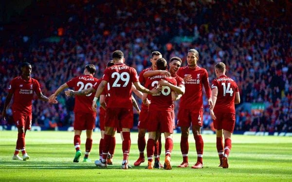 LIVERPOOL, ENGLAND - Sunday, May 13, 2018: Liverpool's Andy Robertson celebrates scoring the fourth goal, his first for the club, during the FA Premier League match between Liverpool FC and Brighton & Hove Albion FC at Anfield. (Pic by David Rawcliffe/Propaganda)