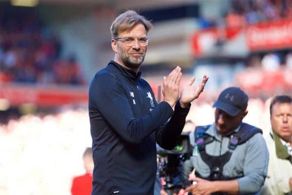 LIVERPOOL, ENGLAND - Sunday, May 13, 2018: Liverpool's manager Jürgen Klopp applauds the supporters as the players perform a lap of honour after the FA Premier League match between Liverpool FC and Brighton & Hove Albion FC at Anfield. Liverpool won 4-0. (Pic by David Rawcliffe/Propaganda)