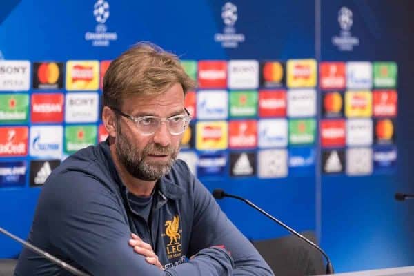 LIVERPOOL, ENGLAND - Monday, May 21, 2018: Liverpool's manager Jürgen Klopp during a press conference at Anfield ahead of the UEFA Champions League Final match between Real Madrid CF and Liverpool FC. (Pic by Paul Greenwood/Propaganda)