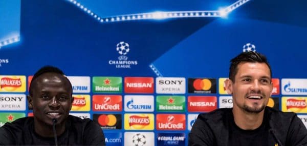 LIVERPOOL, ENGLAND - Monday, May 21, 2018: Liverpool's Sadio Mane and Dejan Lovren during a press conference at Anfield ahead of the UEFA Champions League Final match between Real Madrid CF and Liverpool FC. (Pic by Paul Greenwood/Propaganda)