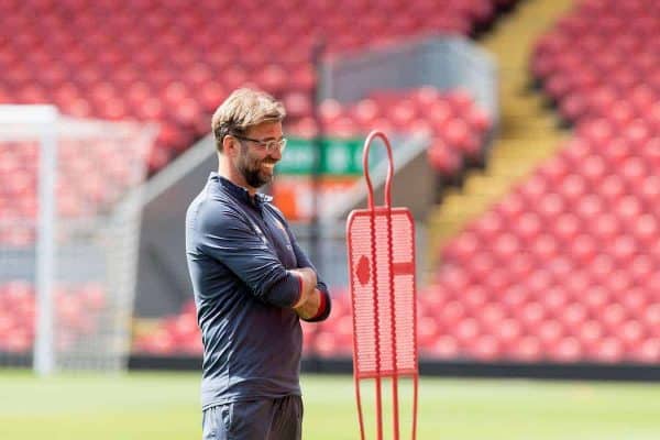 LIVERPOOL, ENGLAND - Monday, May 21, 2018: Liverpool's manager Jürgen Klopp during a training session at Anfield ahead of the UEFA Champions League Final match between Real Madrid CF and Liverpool FC. (Pic by Paul Greenwood/Propaganda)