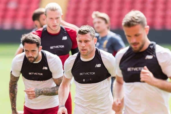 LIVERPOOL, ENGLAND - Monday, May 21, 2018: Liverpool's James Milner during a training session at Anfield ahead of the UEFA Champions League Final match between Real Madrid CF and Liverpool FC. (Pic by Paul Greenwood/Propaganda) Danny Ings