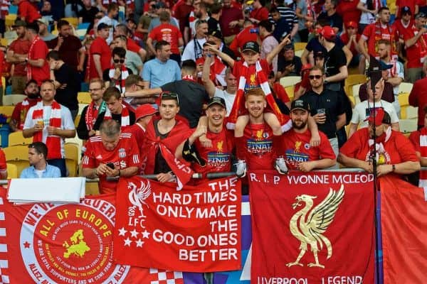 KIEV, UKRAINE - Saturday, May 26, 2018: Liverpool supporters and their banners during the UEFA Champions League Final match between Real Madrid CF and Liverpool FC at the NSC Olimpiyskiy. (Pic by Peter Powell/Propaganda)