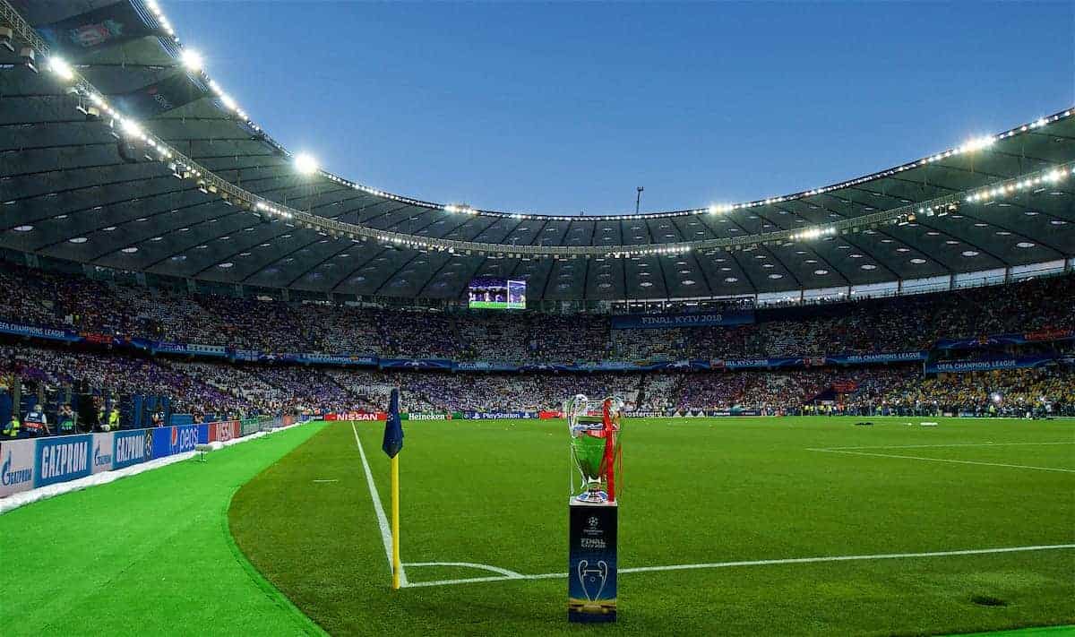 KIEV, UKRAINE - Saturday, May 26, 2018: The European Cup trophy on display before the UEFA Champions League Final match between Real Madrid CF and Liverpool FC at the NSC Olimpiyskiy. (Pic by Peter Powell/Propaganda)