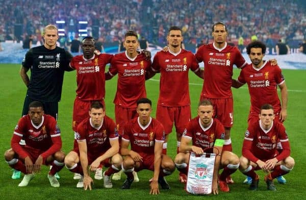 KIEV, UKRAINE - Saturday, May 26, 2018: Liverpool's players line-up for a team group photograph before the UEFA Champions League Final match between Real Madrid CF and Liverpool FC at the NSC Olimpiyskiy. Back row L-R: goalkeeper Loris Karius, Sadio Mane, Roberto Firmino, Dejan Lovren, Virgil van Dijk, Mohamed Salah. Front row L-R: Georginio Wijnaldum, James Milner, Trent Alexander-Arnold, captain Jordan Henderson, Andy Robertson. (Pic by Peter Powell/Propaganda)