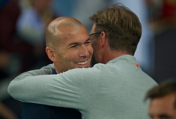 KIEV, UKRAINE - Saturday, May 26, 2018: Liverpool's manager Jürgen Klopp embraces Real Madrid's head coach Zinédine Zidane before the UEFA Champions League Final match between Real Madrid CF and Liverpool FC at the NSC Olimpiyskiy. (Pic by Peter Powell/Propaganda)