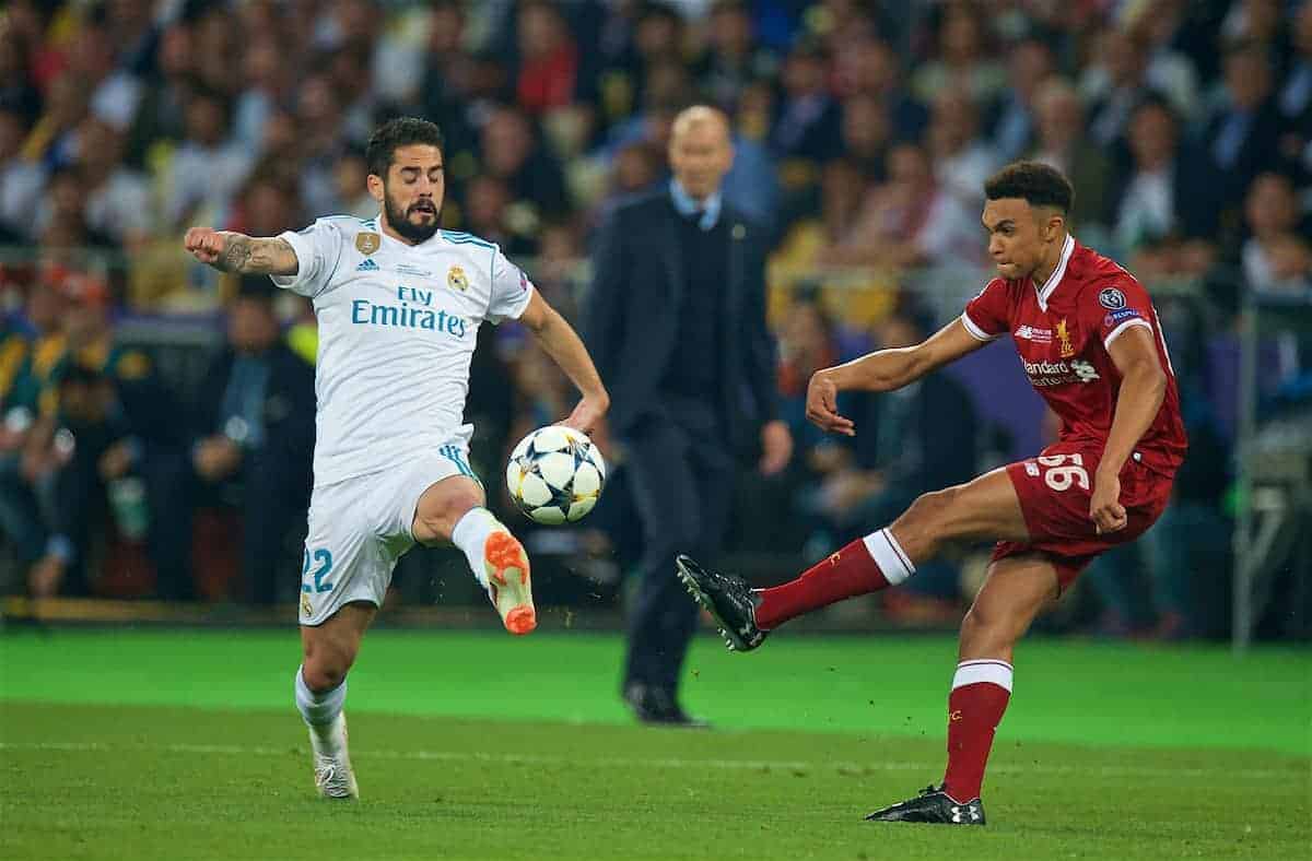 KIEV, UKRAINE - Saturday, May 26, 2018: Liverpool's Trent Alexander-Arnold and Real Madrid's Isco during the UEFA Champions League Final match between Real Madrid CF and Liverpool FC at the NSC Olimpiyskiy. (Pic by Peter Powell/Propaganda)