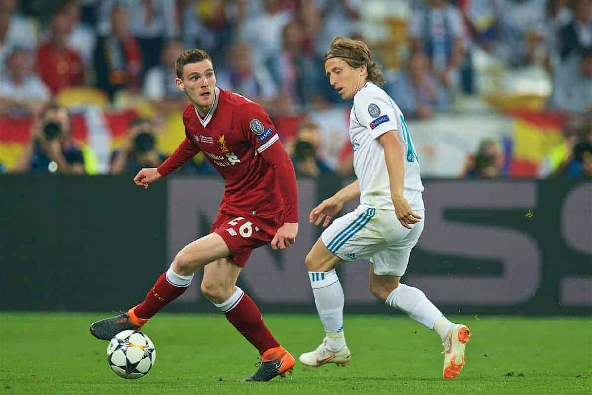 KIEV, UKRAINE - Saturday, May 26, 2018: Liverpool's Andy Robertson and Real Madrid's Luka Modri? during the UEFA Champions League Final match between Real Madrid CF and Liverpool FC at the NSC Olimpiyskiy. (Pic by Peter Powell/Propaganda)