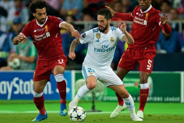 KIEV, UKRAINE - Saturday, May 26, 2018: Real Madrid's Isco (centre) and Liverpool's Mohamed Salah (left) and Georginio Wijnaldum (right) during the UEFA Champions League Final match between Real Madrid CF and Liverpool FC at the NSC Olimpiyskiy. (Pic by Peter Powell/Propaganda)