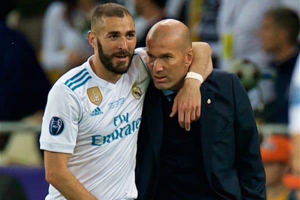 KIEV, UKRAINE - Saturday, May 26, 2018: Real Madrid's Karim Benzema celebrates scoring the first goal with head coach Zinédine Zidane during the UEFA Champions League Final match between Real Madrid CF and Liverpool FC at the NSC Olimpiyskiy. (Pic by Peter Powell/Propaganda)