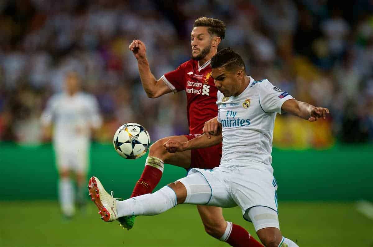 KIEV, UKRAINE - Saturday, May 26, 2018: Liverpool's Adam Lallana and Real Madrid's Casemiro during the UEFA Champions League Final match between Real Madrid CF and Liverpool FC at the NSC Olimpiyskiy. (Pic by Peter Powell/Propaganda)