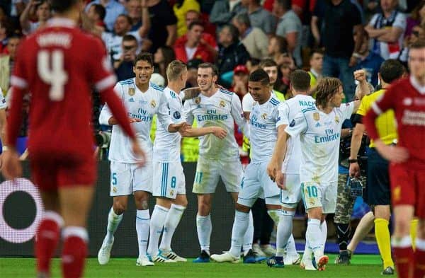 KIEV, UKRAINE - Saturday, May 26, 2018: Real Madrid's Gareth Bale celebrates scoring the third goal during the UEFA Champions League Final match between Real Madrid CF and Liverpool FC at the NSC Olimpiyskiy. (Pic by Peter Powell/Propaganda)