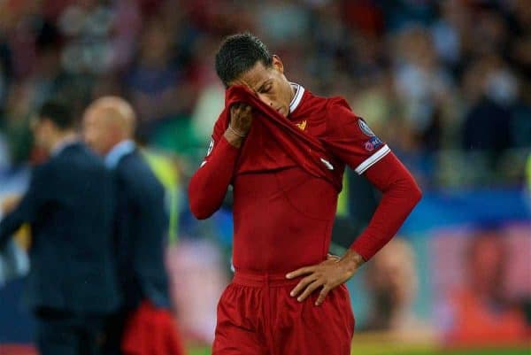 KIEV, UKRAINE - Saturday, May 26, 2018: Liverpool's Virgil van Dijk looks dejected as his side lose during the UEFA Champions League Final match between Real Madrid CF and Liverpool FC at the NSC Olimpiyskiy. Real Madrid won 3-1. (Pic by Peter Powell/Propaganda)