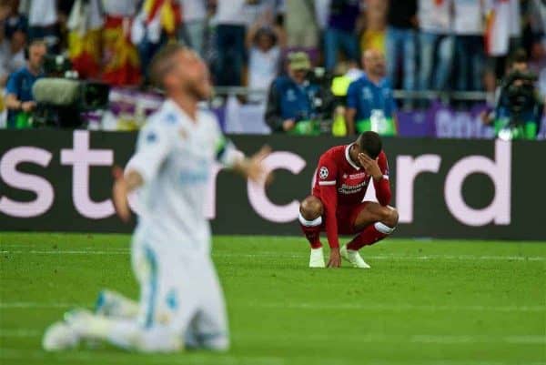 KIEV, UKRAINE - Saturday, May 26, 2018: Liverpool's Georginio Wijnaldum looks dejected as his side lose during the UEFA Champions League Final match between Real Madrid CF and Liverpool FC at the NSC Olimpiyskiy. Real Madrid won 3-1. (Pic by Peter Powell/Propaganda)