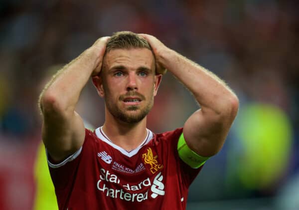 KIEV, UKRAINE - Saturday, May 26, 2018: Liverpool's captain Jordan Henderson looks dejected as his side lose during the UEFA Champions League Final match between Real Madrid CF and Liverpool FC at the NSC Olimpiyskiy. Real Madrid won 3-1. (Pic by Peter Powell/Propaganda)