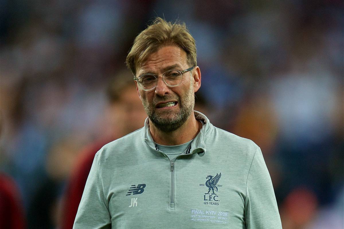 KIEV, UKRAINE - Saturday, May 26, 2018: Liverpool's manager J¸rgen Klopp looks dejected as his side lose during the UEFA Champions League Final match between Real Madrid CF and Liverpool FC at the NSC Olimpiyskiy. Real Madrid won 3-1. (Pic by Peter Powell/Propaganda)