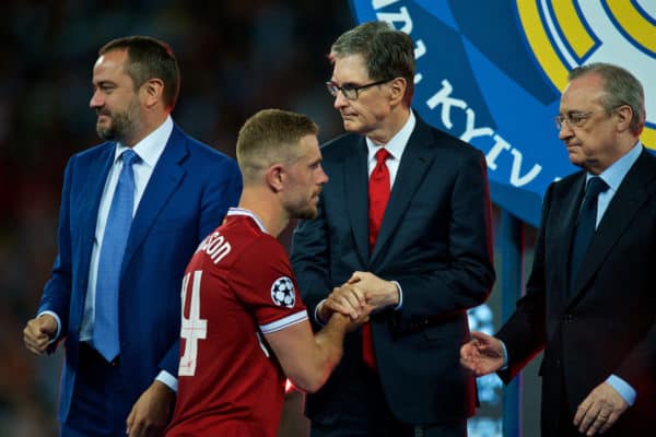 KIEV, UKRAINE - Saturday, May 26, 2018: Liverpool's captain Jordan Hendersonshakes hands with owner John W. Henry after the UEFA Champions League Final match between Real Madrid CF and Liverpool FC at the NSC Olimpiyskiy. Real Madrid won 3-1. (Pic by Peter Powell/Propaganda)